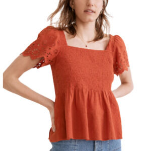 Madewell Women's Eyelet-Sleeve Lucie Smocked Peplum Top M 6-10 NEW